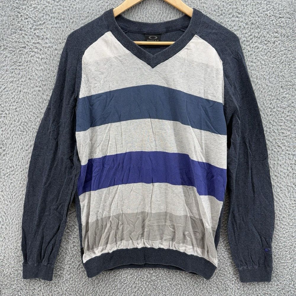 Oakley Sweater Mens Large Blue White Knit Pullover V-Neck Striped‎ Cotton Casual